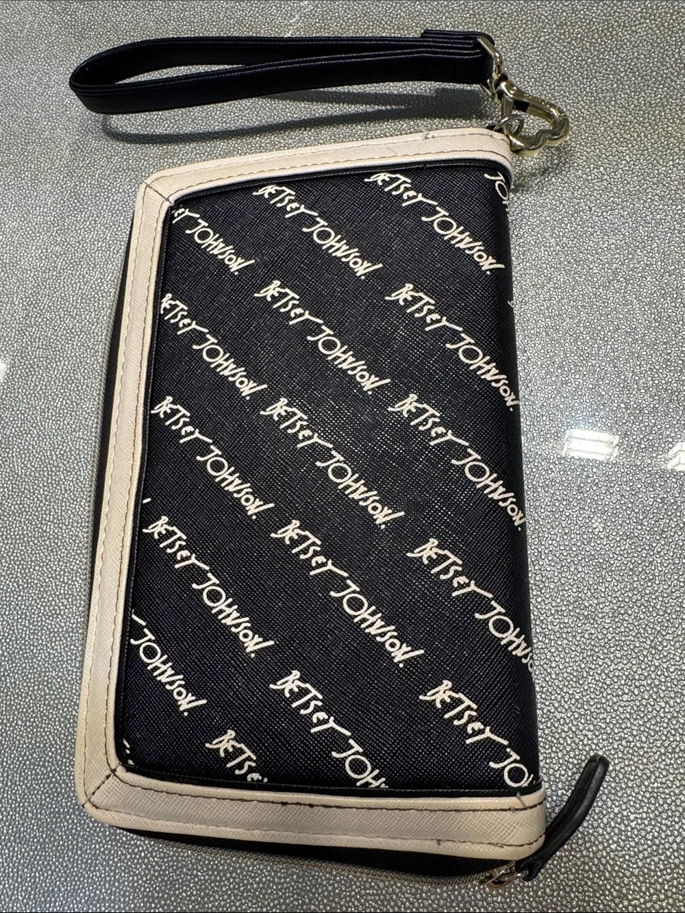 Betsey Johnson Black and Beige Logo Zip-Around Wristlet